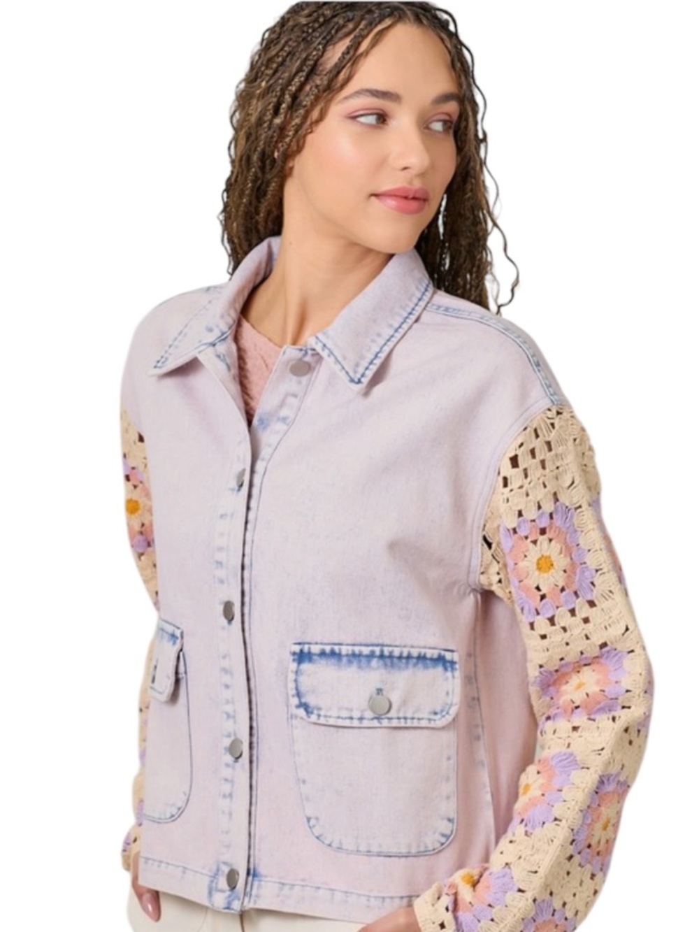 Mystree Pastel Pink Denim Jacket with Crochet Sleeves Sz Large